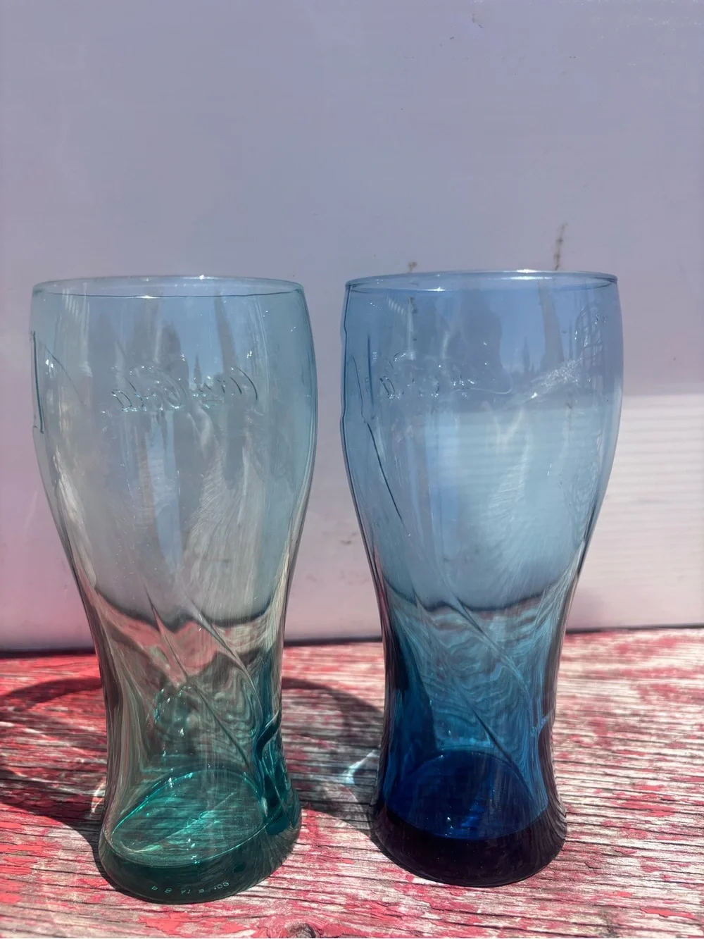 Coca Cola Blue & Aqua Embossed Glass Tumbler Pair